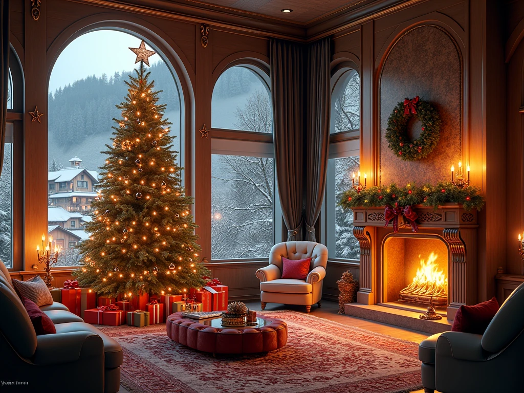 Luxury holiday home decoration with elegant ornaments and festive lighting