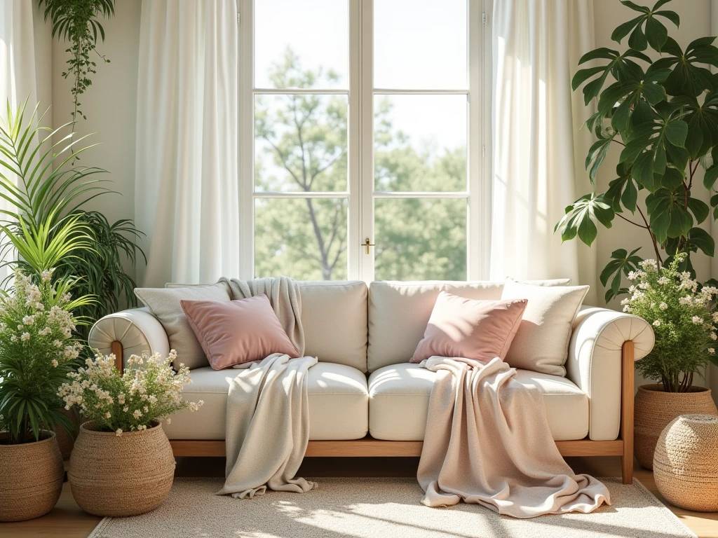 Fresh spring home decor featuring light fabrics, botanical elements, and airy color schemes