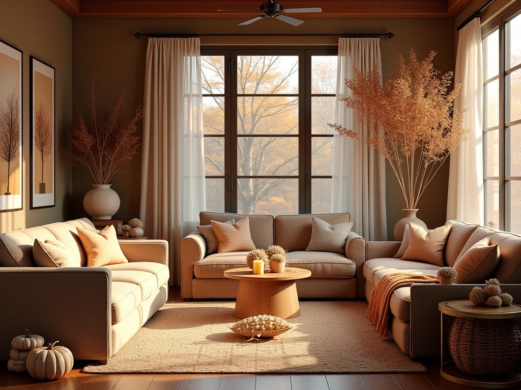 Cozy autumn interior with warm textiles, layered fabrics, and inviting seasonal touches