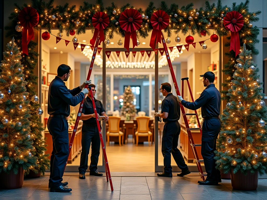 Professional installation team carefully setting up seasonal decorations