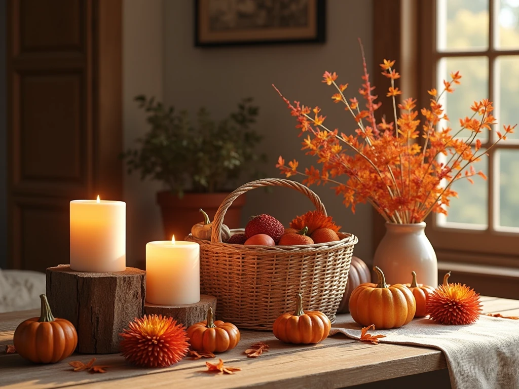 Cozy autumn decoration package featuring warm tones, natural textures, and seasonal harvest elements